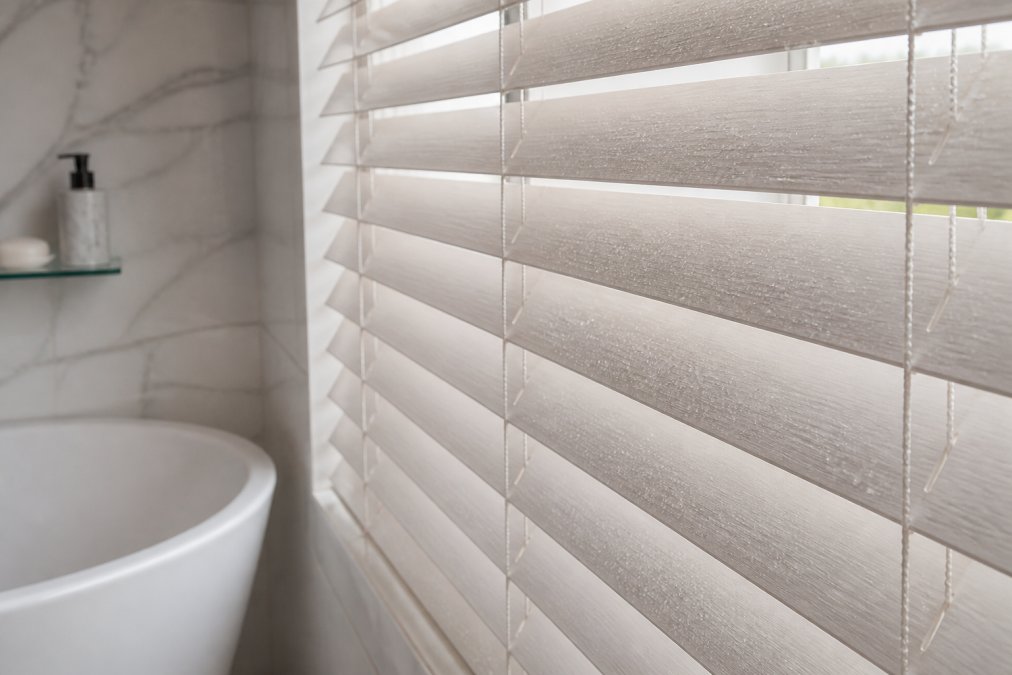 Close-up of faux wood blind slats in a bathroom setting, moisture beading on the surface without warping, showing the smooth composite texture under soft natural light