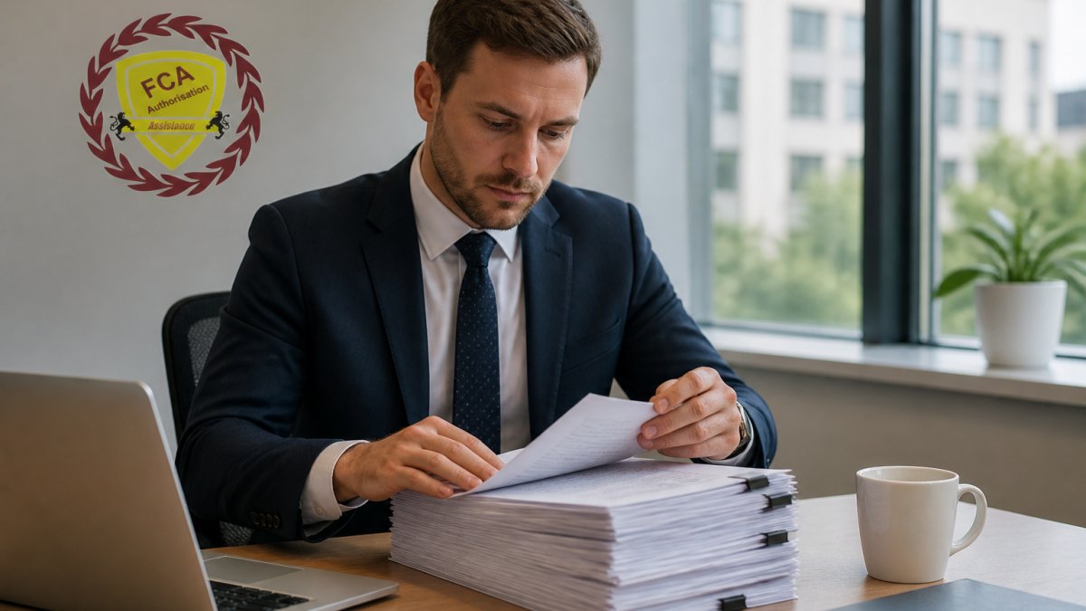 A compliance officer at a desk reviewing a thick stack of regulatory application papers beside a laptop and coffee cup in a bright office
