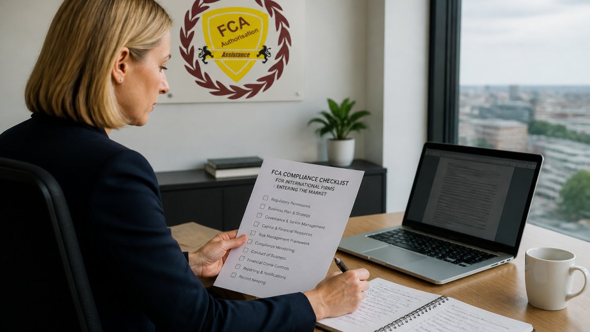 A compliance officer at a desk reviewing a printed regulatory checklist, with a laptop showing a document and a notepad with handwritten notes beside it, in a bright modern office