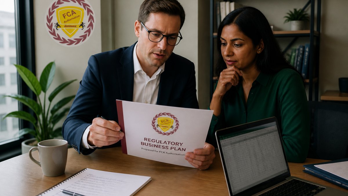 A compliance consultant and a fintech founder reviewing a printed business plan at a desk, with a laptop showing a spreadsheet and a notepad with handwritten notes
