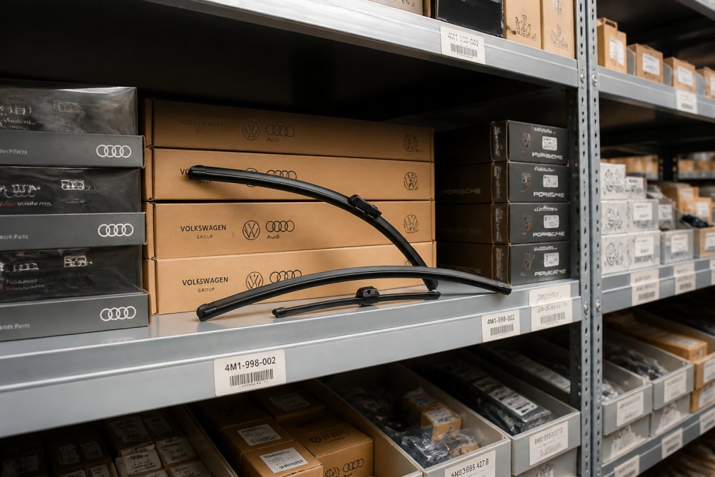 Organized warehouse shelves stocked with genuine OEM automotive components in labeled bins, with clear part numbers visible on packaging and shelving, professional lighting illuminating rows of organized inventory
