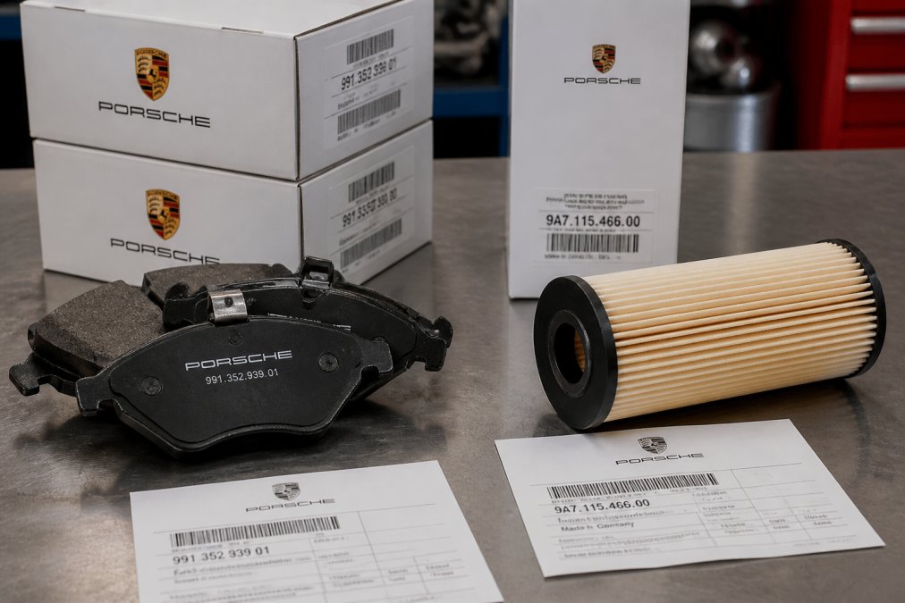Close-up of genuine Porsche OEM brake pads and filters arranged on a workbench with part numbers, packaging, and manufacturer documentation visible under bright lighting