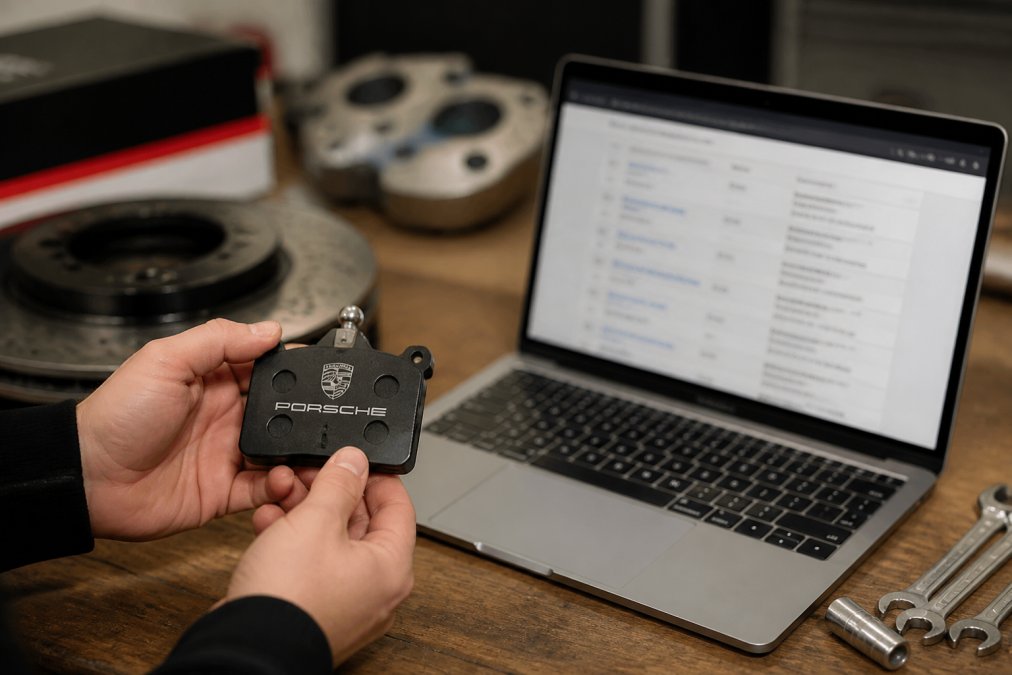 Hands holding a Porsche brake pad component while checking the part number against a laptop screen displaying the VIN lookup and manufacturer documentation