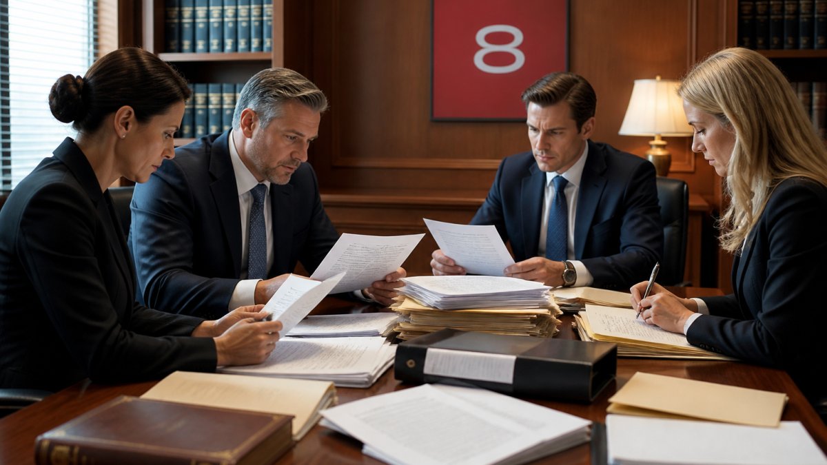 Professional compliance team reviewing regulatory documents and FCPA violation cases in formal law office setting, with serious expressions and stacks of files on conference table