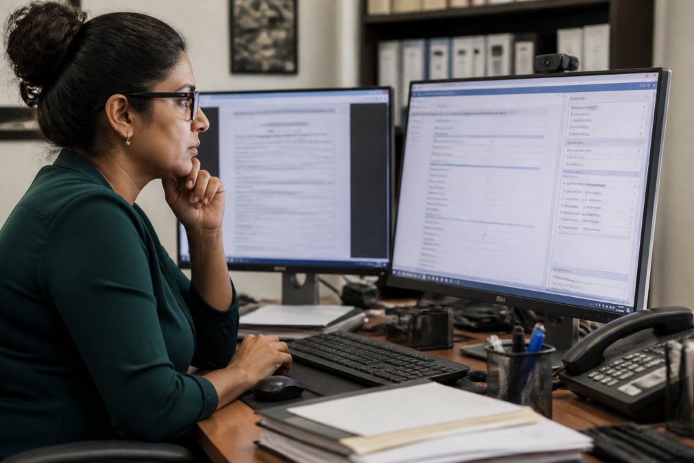 Regulatory affairs specialist reviewing 510(k) submission process documents on a multi-monitor computer setup.