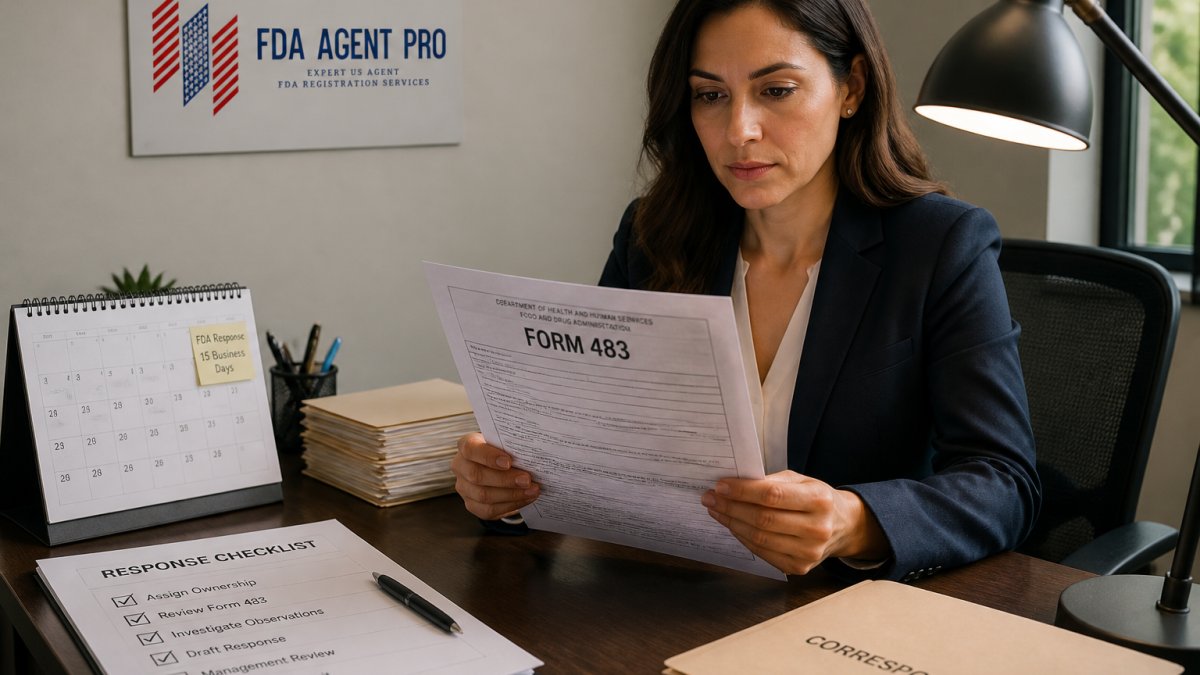 Professional regulatory affairs manager at desk reviewing FDA Form 483 with calendar, checklist, and correspondence files visible under desk lamp