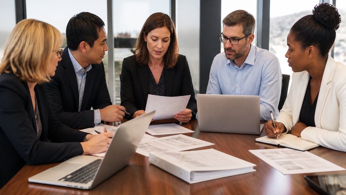 Regulatory team reviewing AI/ML software lifecycle governance workflows and compliance documentation at a table