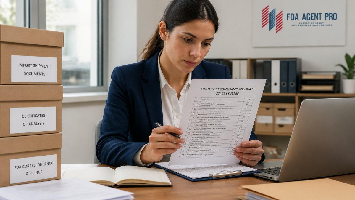 A regulatory affairs specialist at a desk reviewing a printed shipment document checklist beside a laptop and stacked shipping folders in a bright office