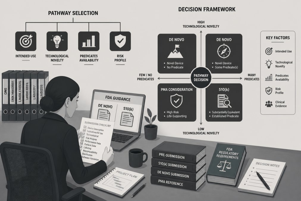 Decision framework flowchart for De Novo vs 510k regulatory submission pathways and criteria