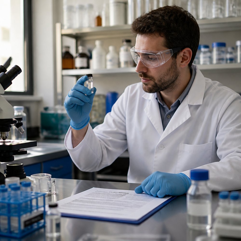 Scientist inspecting a peptide vial and Certificate of Analysis to ensure compliance with FDA guidelines research peptides