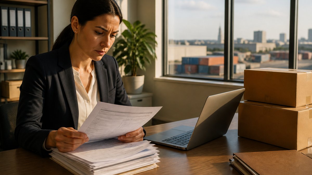 Regulatory affairs manager reviewing shipping documents and an FDA notice regarding detention liability