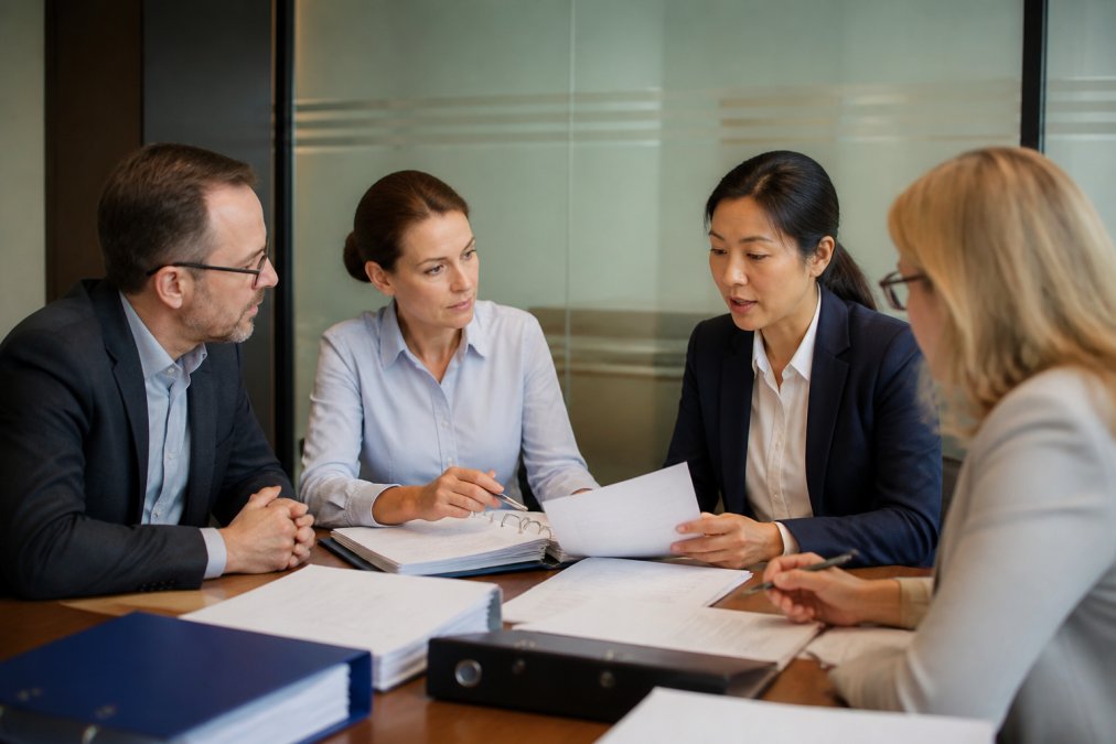Regulatory affairs team reviewing medical device software validation protocols and quality checklists