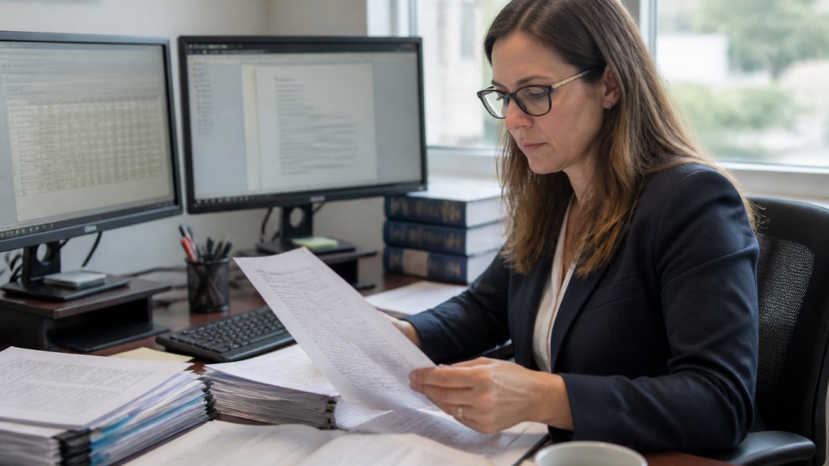 Professional regulatory affairs consultant reviewing FDA PMA submission documents and clinical data at desk with multiple monitors, organized files, and FDA guidance documents in modern office setting with natural lighting