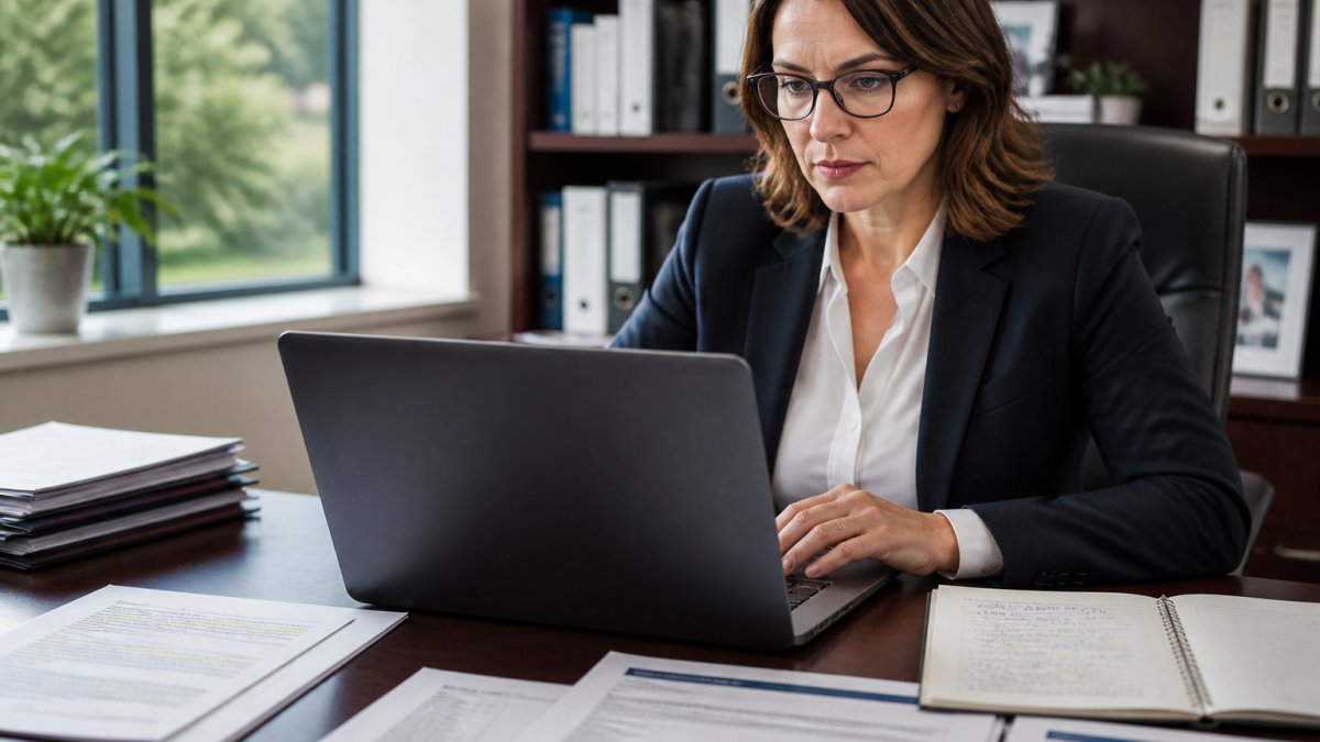 Regulatory affairs manager reviewing a briefing document on a laptop at a desk, with printed FDA guidance documents and compliance notes visible in natural office lighting