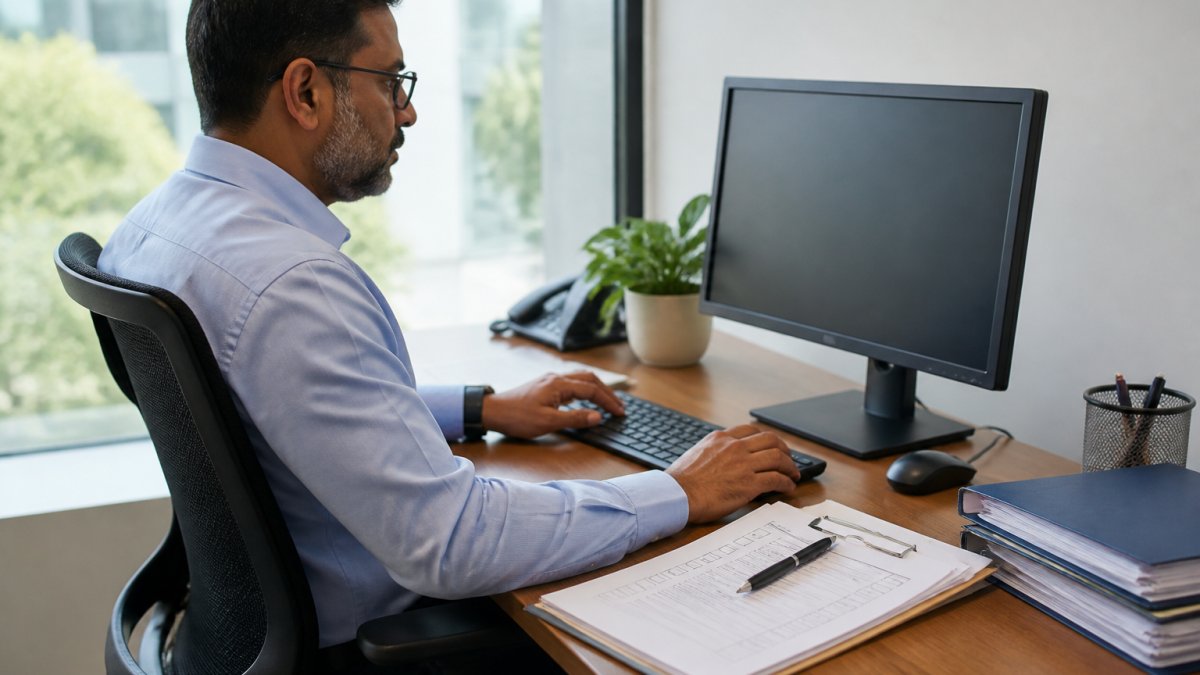 Regulatory affairs manager using a computer to complete a facility registration renewal with a printed checklist