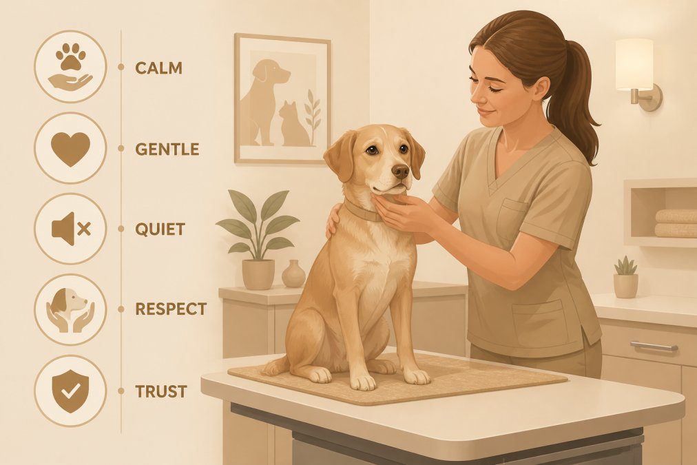 Calm dog sitting on examination table with veterinary technician using gentle handling techniques in softly-lit, quiet examination room with minimal stressful equipment visible