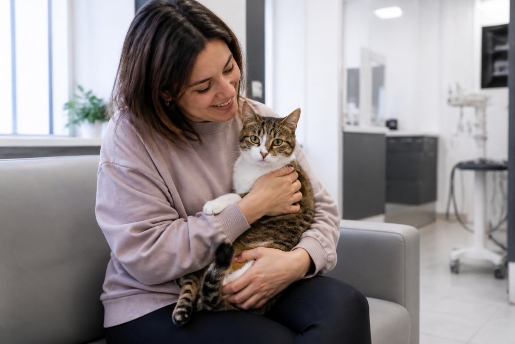 Pet owner holding relaxed cat in bright, modern veterinary facility with soft natural lighting, comfortable seating, and minimal visible stressful medical equipment