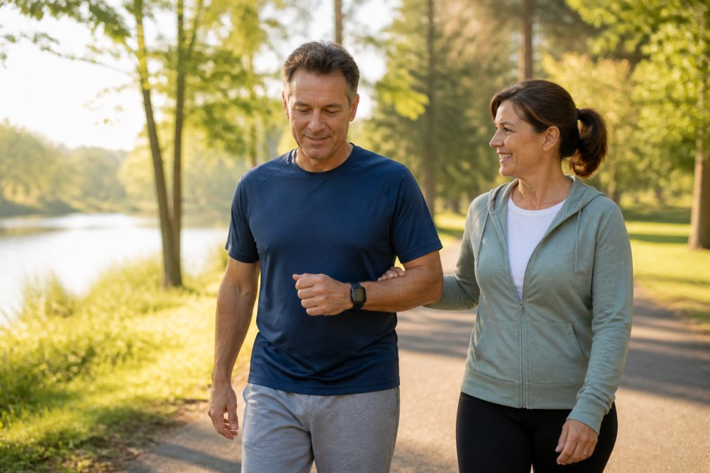 Middle-aged man exercising after heart surgery by walking slowly on an outdoor path with a family member.