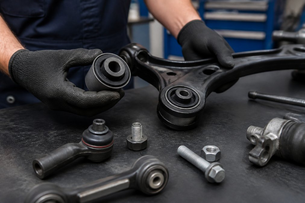 Close-up of a mechanic's gloved hands holding a Febest rubber bushing and control arm on a workshop bench, with other suspension components laid out nearby, under bright workshop fluorescent lighting
