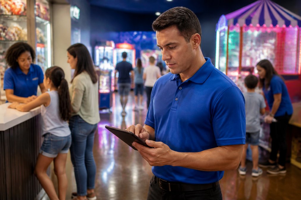 Floor manager reviewing staff schedules on a tablet to support an efficient FEC business model in an arcade.