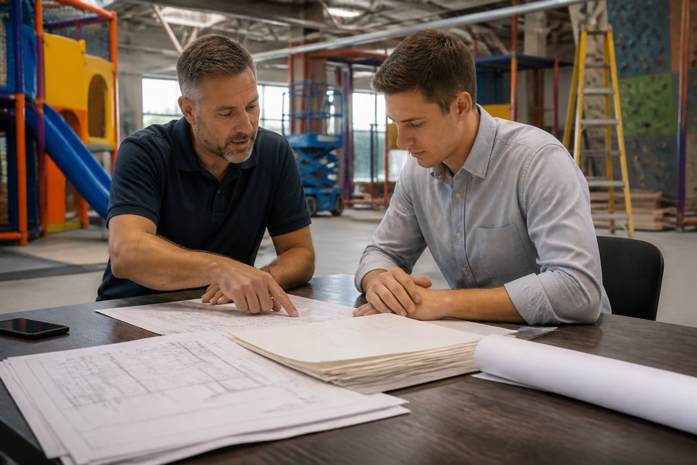 Consultant and owner reviewing FEC consulting floor plans and financial documents at a construction site