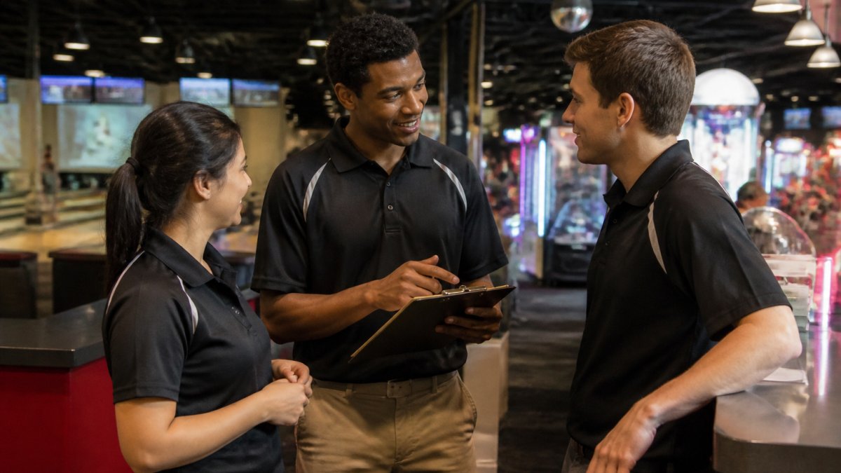 FEC team members collaborating on the venue floor during shift handoff, showing communication and operational focus in a bright, active entertainment environment