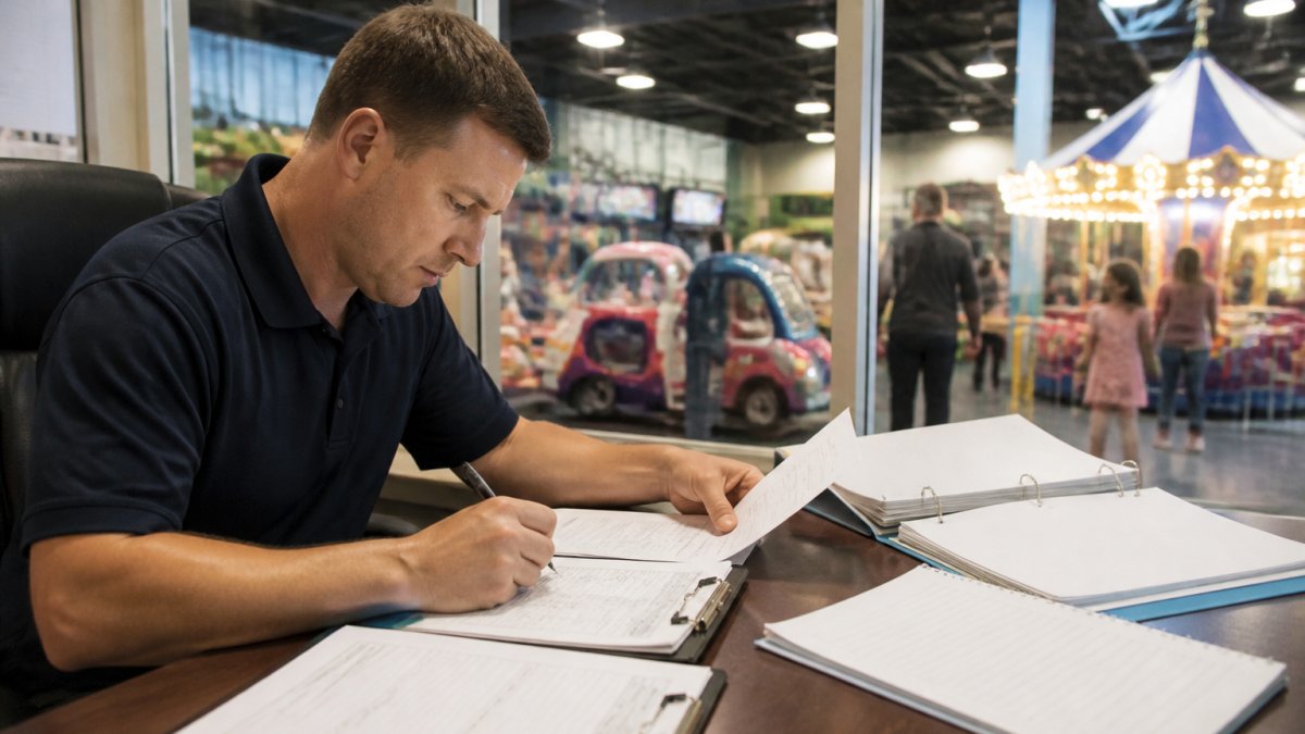 Professional reviewing operational documents and checklists at desk in family entertainment center, with venue activity visible in background, natural office lighting