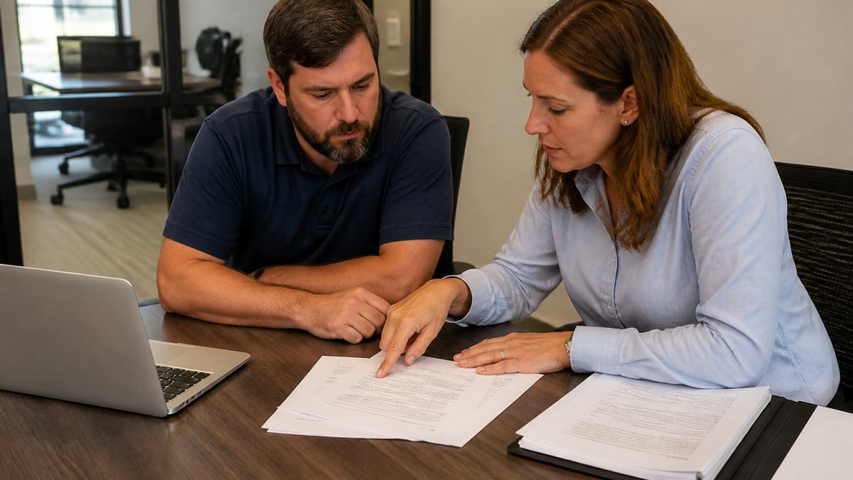 Two colleagues at a small engineering firm reviewing printed solicitation documents and a laptop on a conference table, one pointing at a deadline date on the page