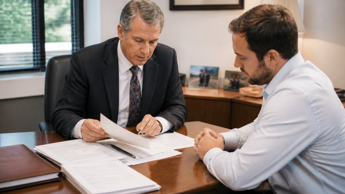 Federal criminal defense attorney reviewing legal documents at a wooden desk with a client seated across, both examining papers in a professional office with soft natural lighting from windows