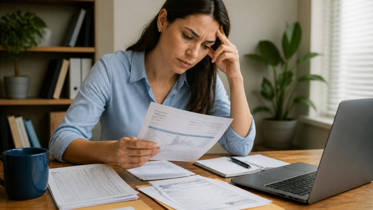 Professional reviewing wage garnishment documents and paycheck stub at desk with concerned expression, laptop showing legal information in background