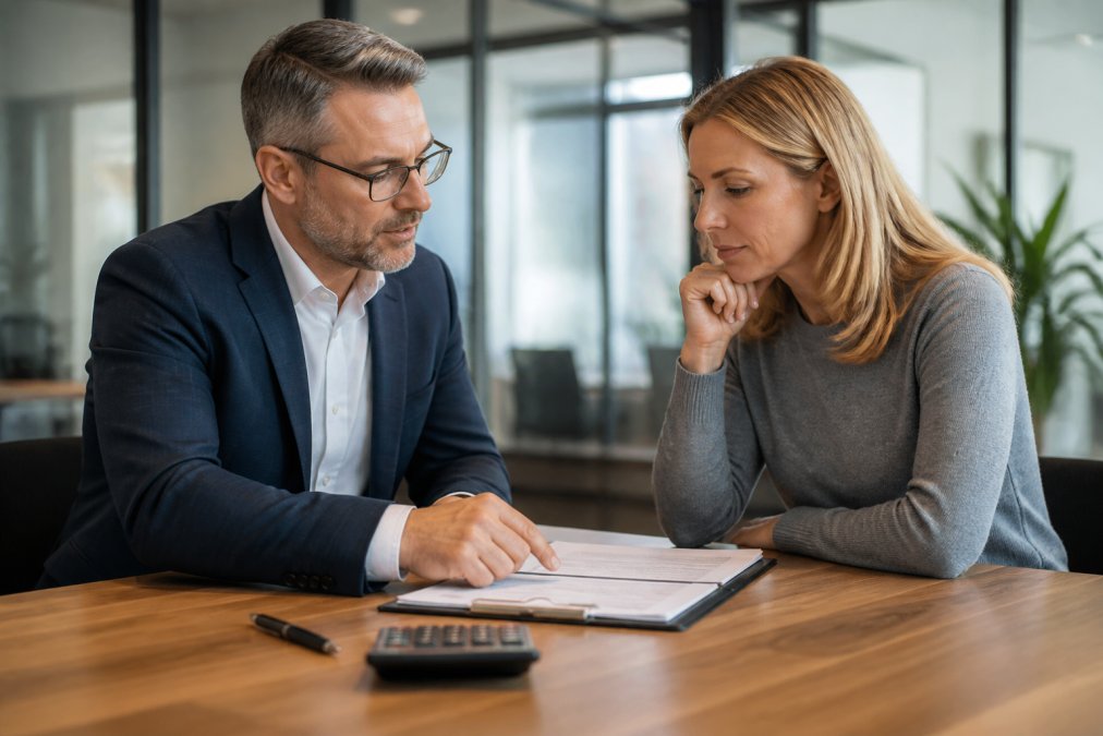 A fee-only advisor reviews financial documents with a client in a bright, transparent office setting.