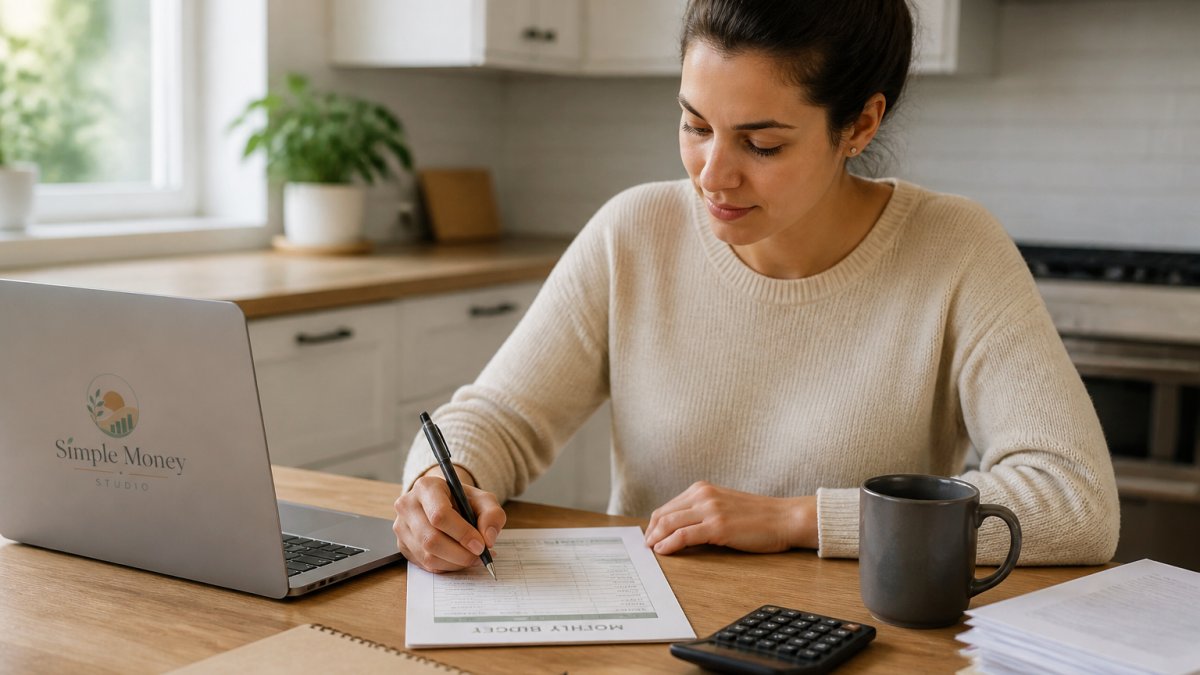 A person sitting at a kitchen table with a printed monthly budget worksheet, a pen, a laptop showing online banking, and a cup of coffee, looking calm and focused