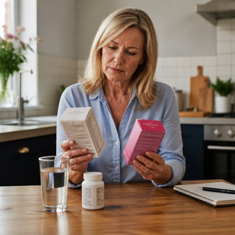 A woman in her late 40s sitting at a kitchen table with two supplement boxes and a glass of water, reading the labels in natural morning light