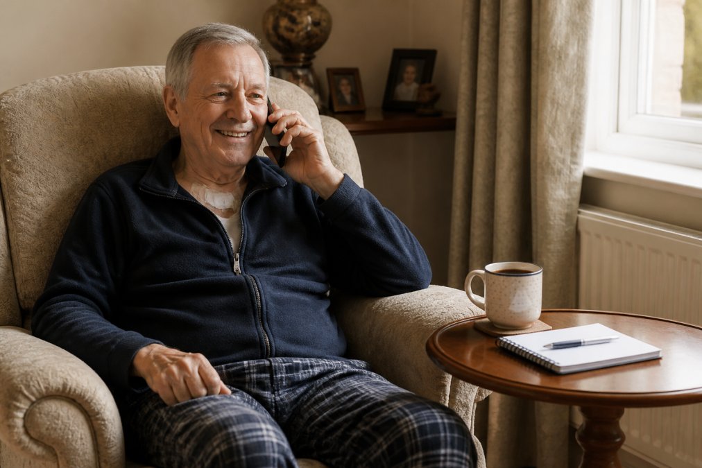 Infographic showing tips for feeling isolated after cardiac surgery as a patient relaxes at home with a phone.