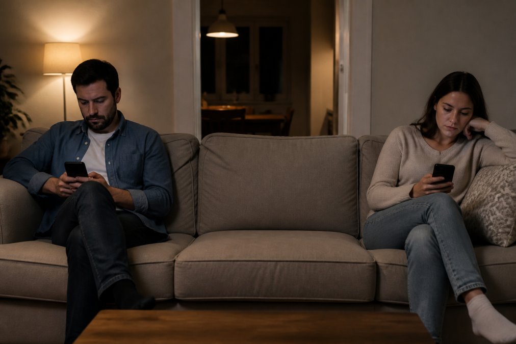 A married couple sitting on opposite ends of a couch in a dimly lit living room, each scrolling through their own phone, a visible gap of empty cushion between them, warm lamplight casting soft shadows