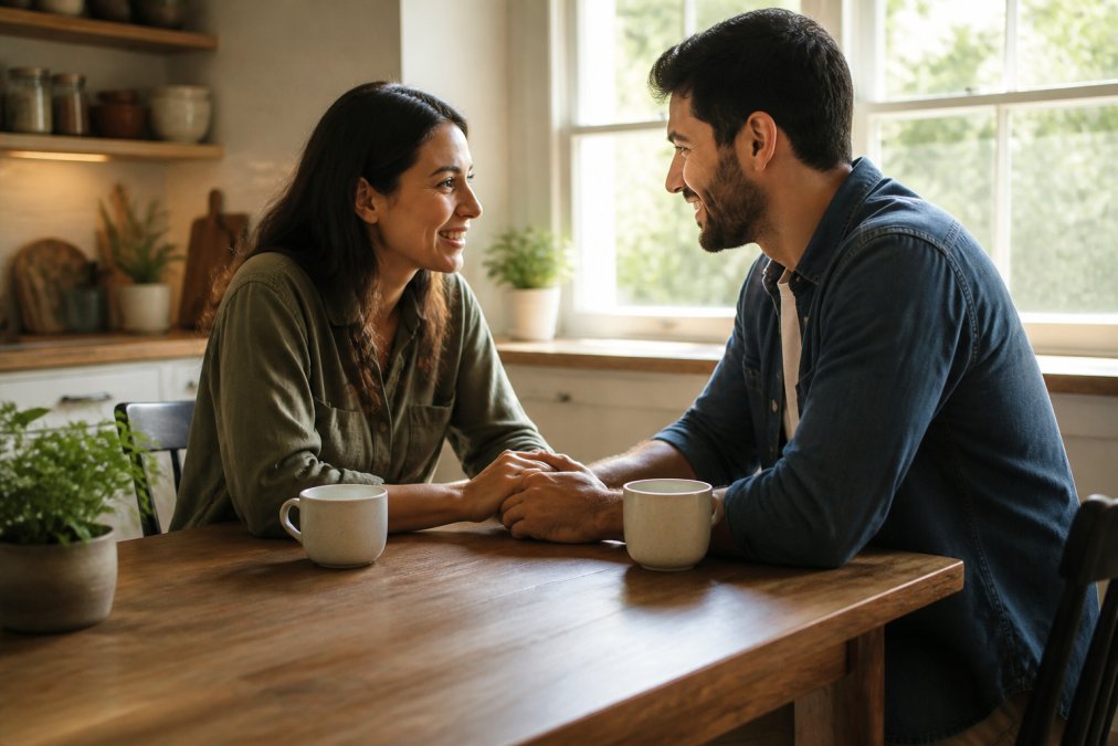A couple sitting close together at a kitchen table, holding hands and talking warmly over coffee cups, soft natural morning light streaming through a nearby window, both partners leaning slightly toward each other