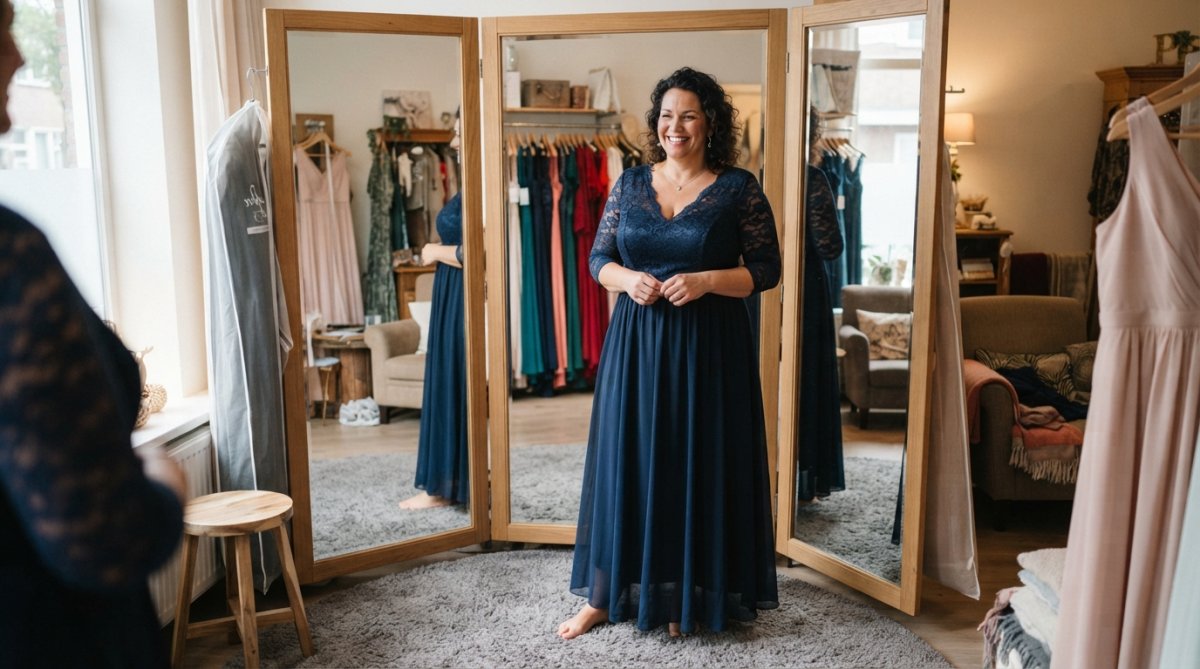 Vrouw in elegante feestelijke jurk in grote maat, staande in paskamer met spiegels, zelfverzekerd glimlachend
