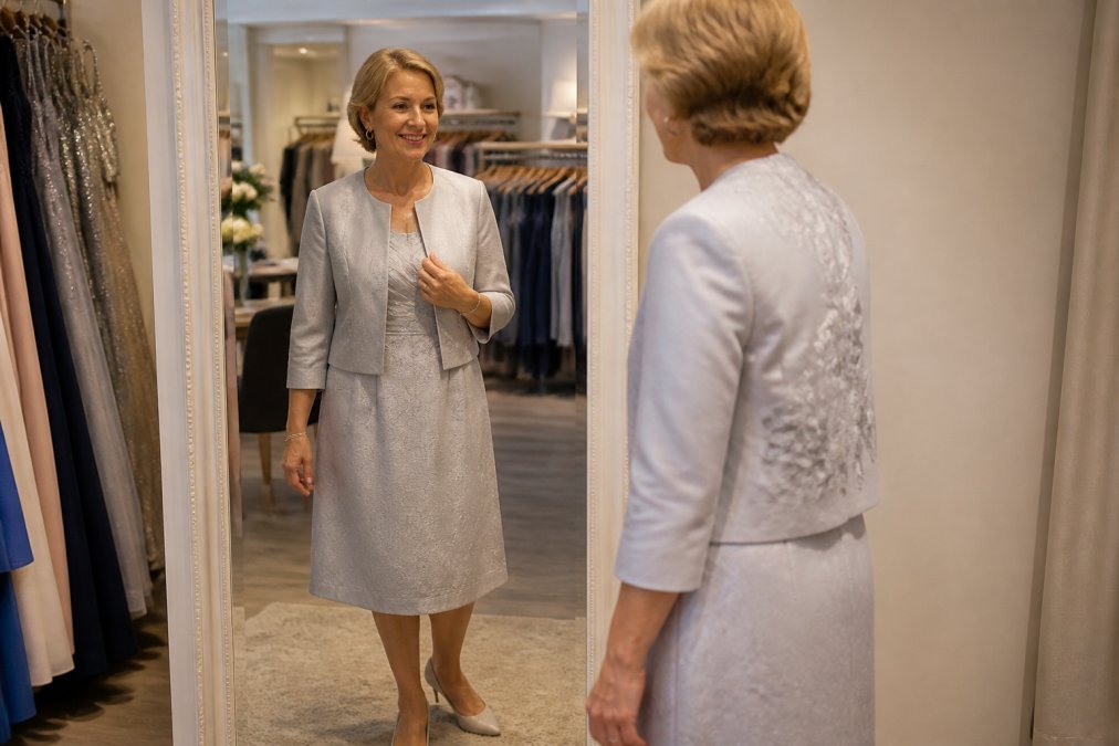 Vrouw van middelbare leeftijd in elegante jurk-met-jasje set, staande voor een spiegel in een winkelomgeving met goede verlichting, zelfverzekerde houding, glimlachend terwijl ze haar outfit bekijkt