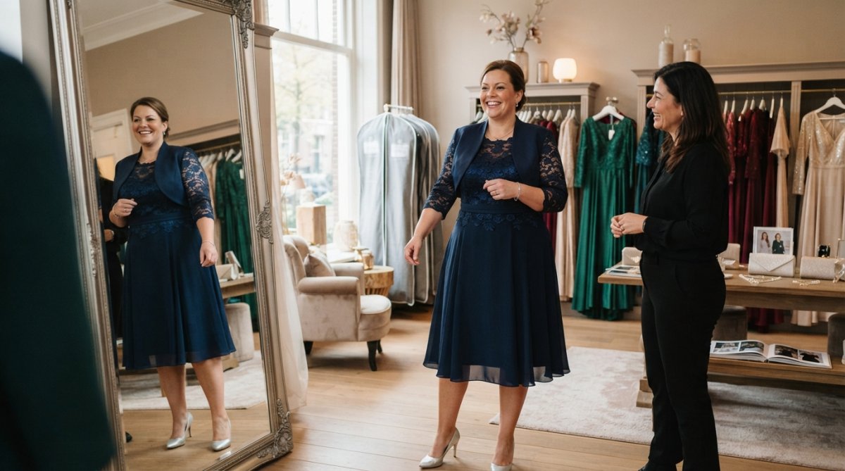 Zelfverzekerde vrouw in een elegante feestjurk in een winkel, als alternatief voor feestkleding maat 34 in een chique stijl.
