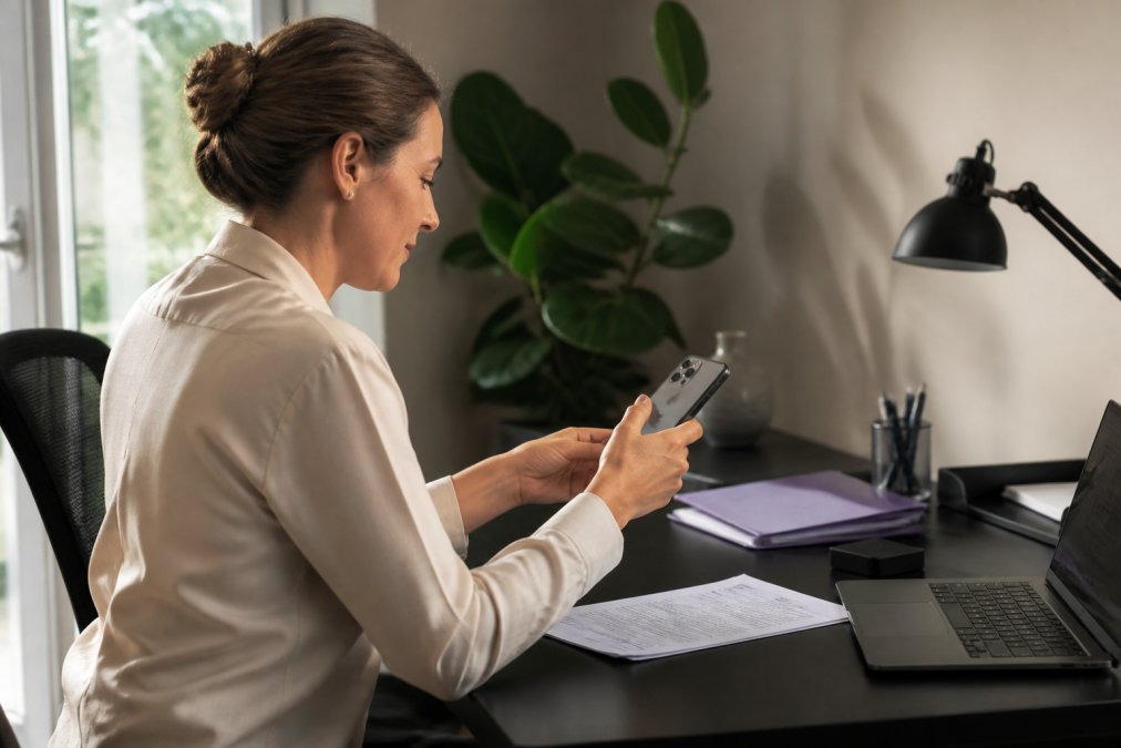 Person am Laptop, die die OptiScanDoc-App auf ihrem Smartphone benutzt, um Dokumente zu scannen, im modernen Home-Office mit natürlicher Beleuchtung durch Fenster