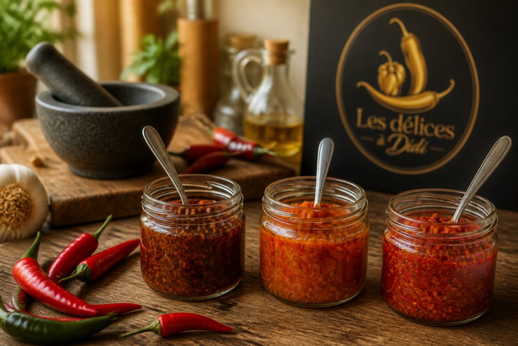 Infographie comparant l'intensité et les saveurs de trois pâtes de piment artisanales sur une table.