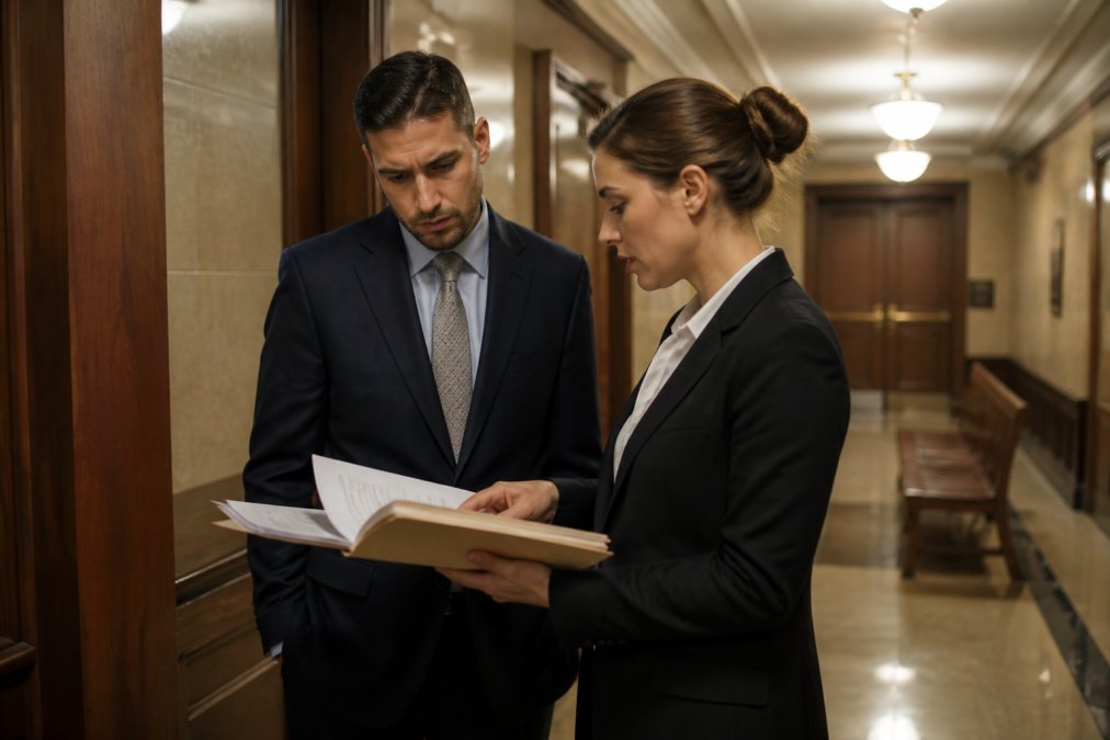 A courtroom hallway with a defendant in a suit speaking quietly with a defense attorney, both holding legal documents, warm overhead lighting, serious and professional atmosphere
