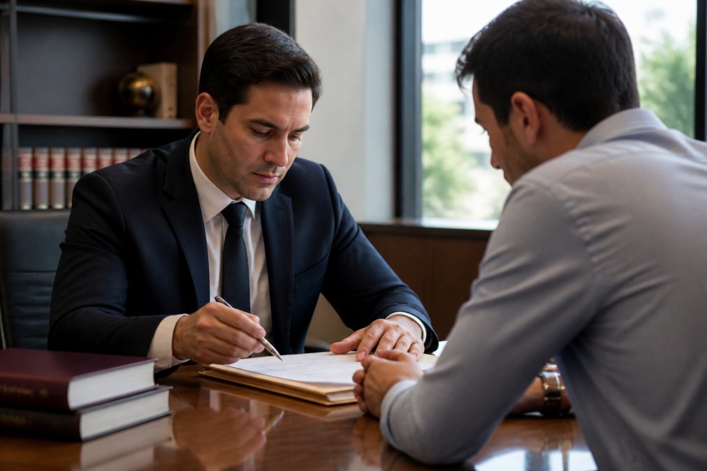 Criminal defense attorney in professional suit reviewing case documents with client across wooden desk in modern law office, natural window lighting, serious expressions