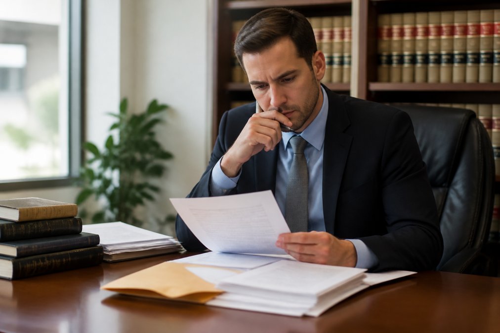Professional in business attire looking concerned while reviewing employment documents at desk, natural office lighting, papers and folders visible, representing career concerns
