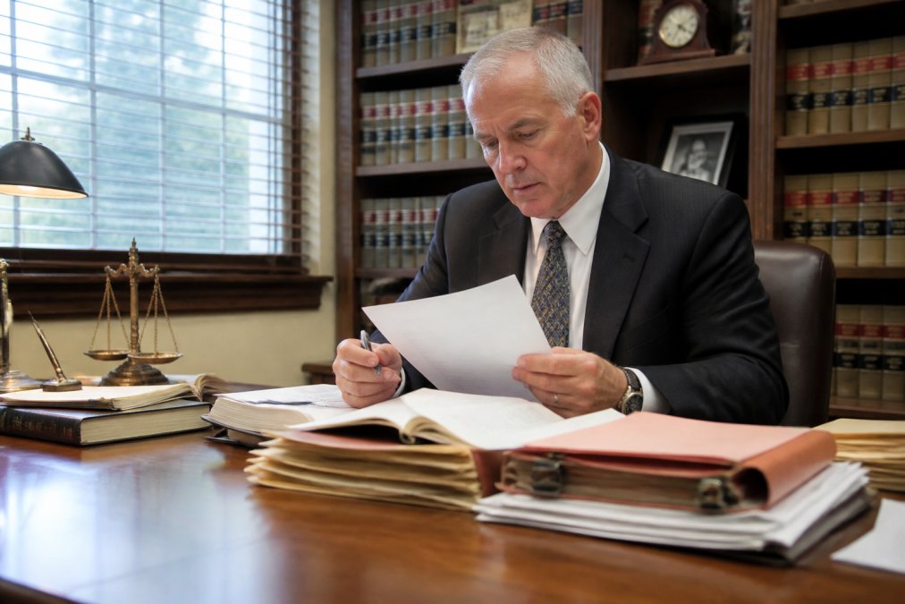Criminal defense attorney reviewing case files and legal documents at a desk in a professional law office with natural lighting