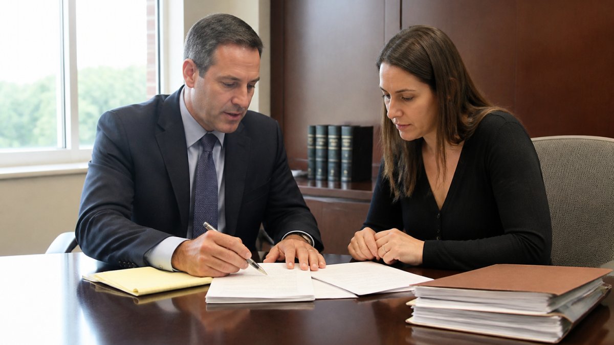 Criminal defense attorney and client reviewing legal documents for a felony vs misdemeanor Colorado sentencing guide