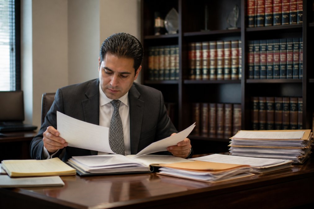 Criminal defense attorney reviewing case files and legal documents at a desk in a professional law office, with California legal books visible on shelves in the background