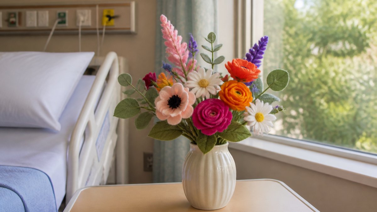 A close-up photo of a handcrafted felt flower bouquet in a small vase sitting on a hospital bedside table, soft natural light coming through a window, warm and comforting atmosphere