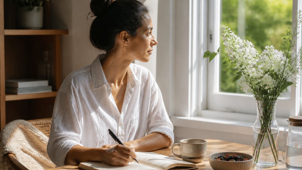 Woman sitting by a window in morning sunlight writing wellness notes in a journal with a cup of tea