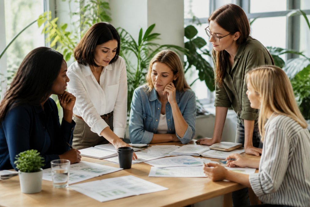 A diverse group of professional women in a bright modern office reviewing sustainability reports on a large screen, plants and natural light in the background